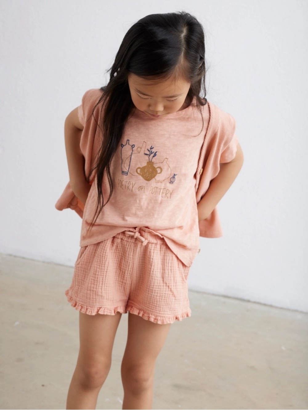 Kids Pink Gauze Drawstring Shorts with Ruffle Hem 6 Y (matching set)